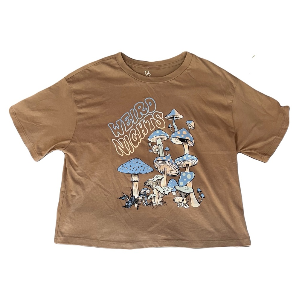 Brown cropped graphic T-shirt. “Weird Nights”